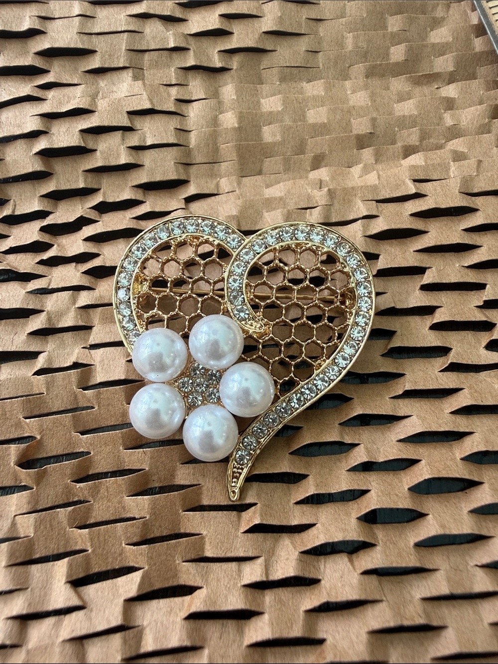 Gold Heart Brooch with Pearls and Crystals